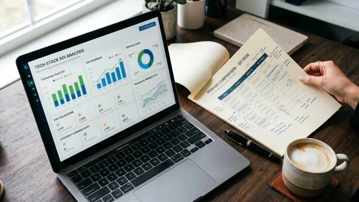 Close-up overhead view of recruitment operations leader desk showing MacBook with technology stack ROI analysis and printed vendor comparison document