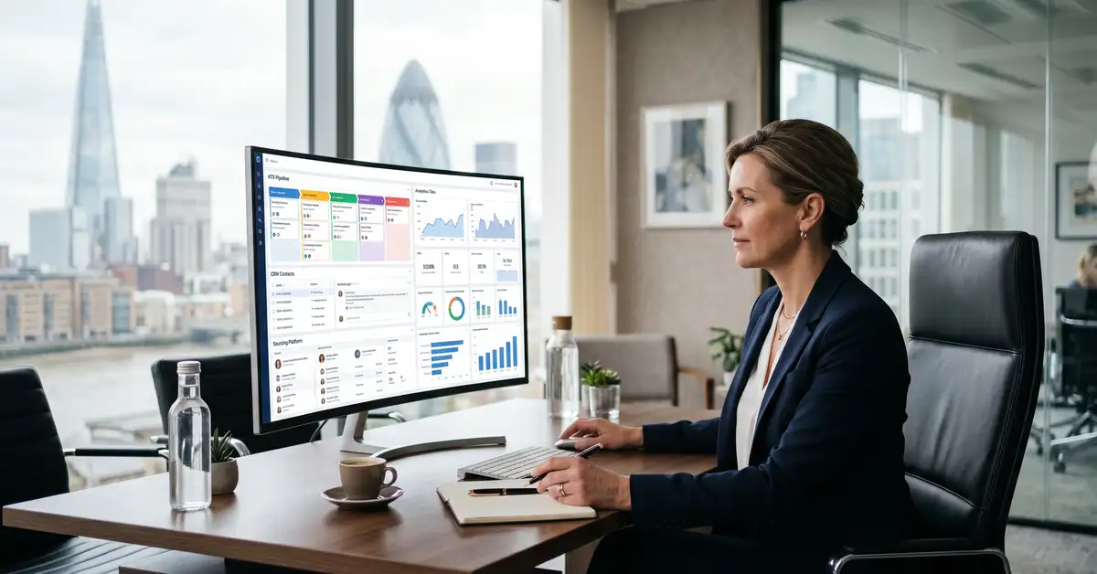 Managing director of boutique executive search firm reviewing integrated recruitment technology stack dashboard showing ATS pipeline, CRM contacts, sourcing results, and analytics tiles