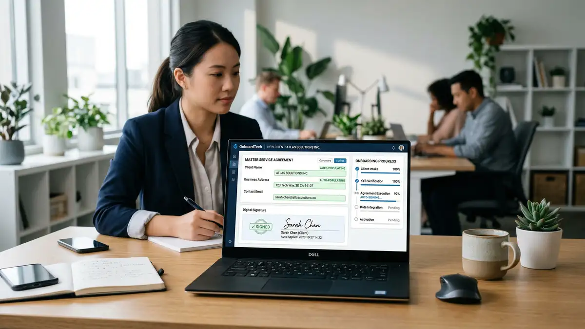Automated document processing workspace showing laptop with intelligent form fields being auto-populated and digital signatures applied during client onboarding