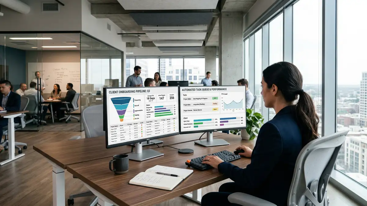 Modern business analytics workspace with dual monitors displaying client onboarding pipeline dashboards showing time to value metrics and automated task queues