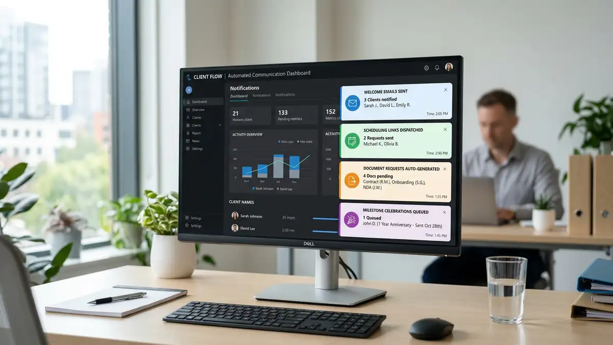Desktop screen showing automated client communication notification system with welcome emails and milestone celebrations queued for delivery