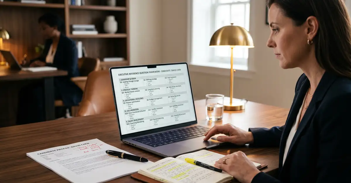 Close-up of executive search consultant reviewing structured reference question framework on laptop showing 15 STAR-format questions