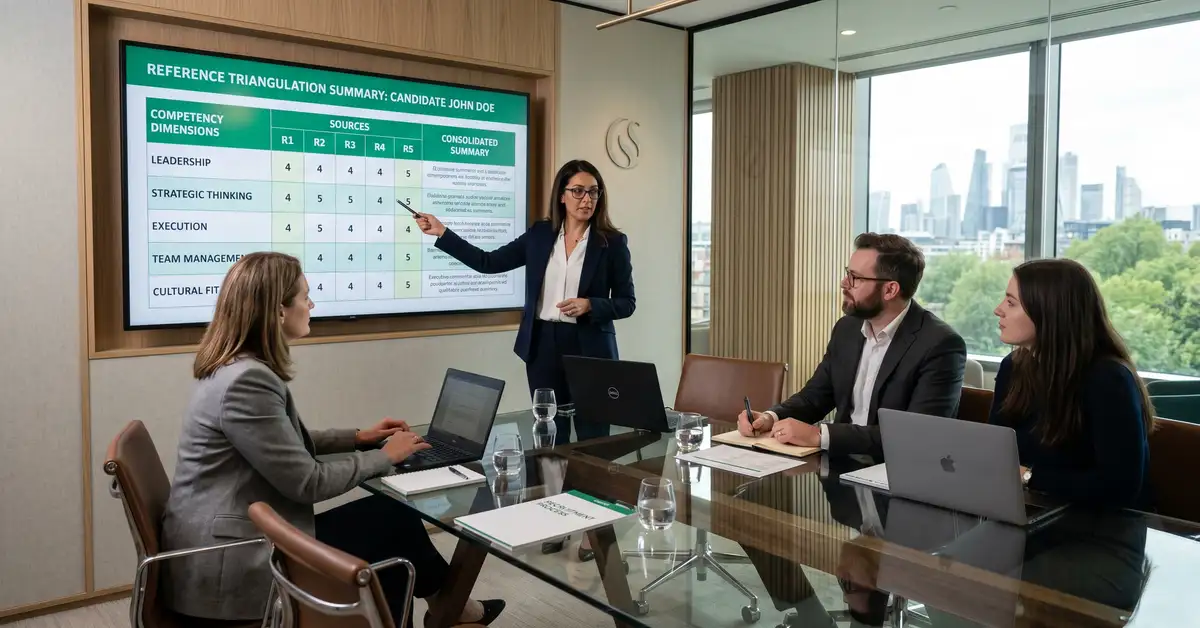 Senior executive search Practice Director leading reference triangulation meeting in boardroom with consolidated reference summary on large screen