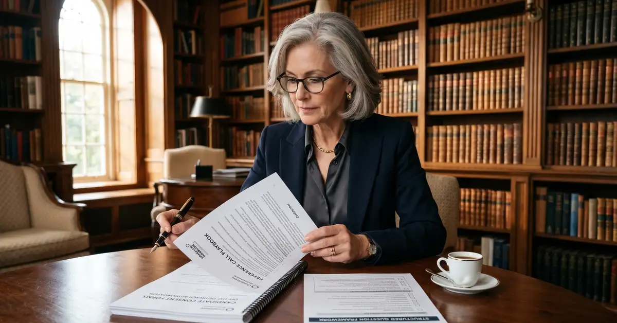 Senior executive search assessment specialist reviewing printed reference call playbook with structured question framework and candidate consent forms