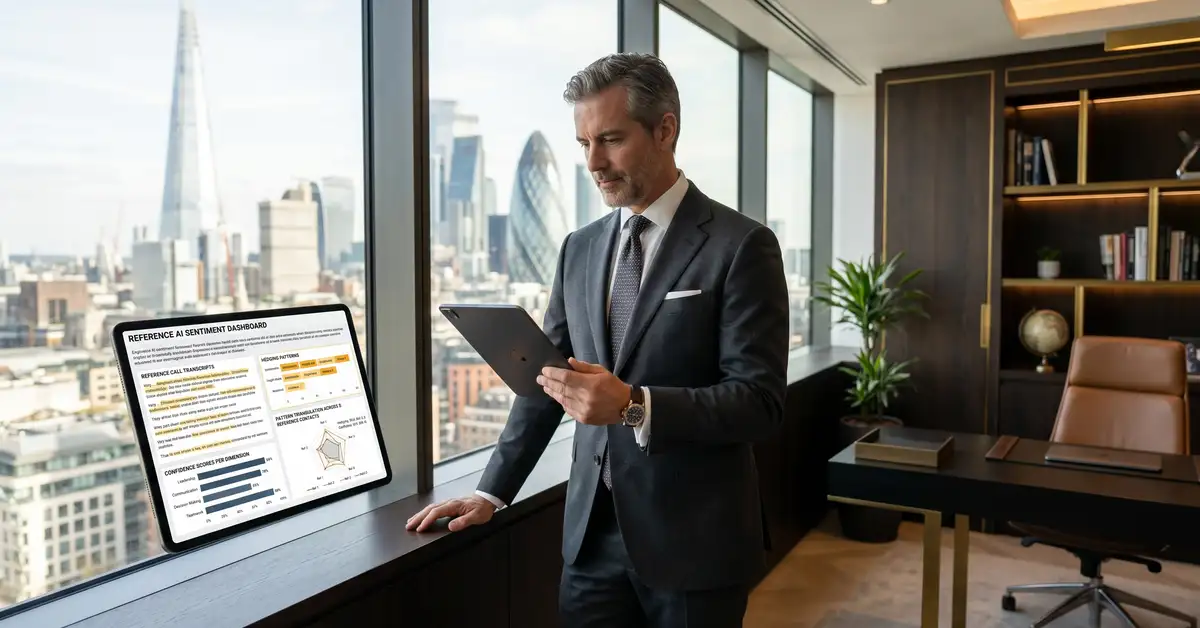 Executive search Managing Director reviewing AI-augmented reference sentiment analysis dashboard on tablet in modern executive office