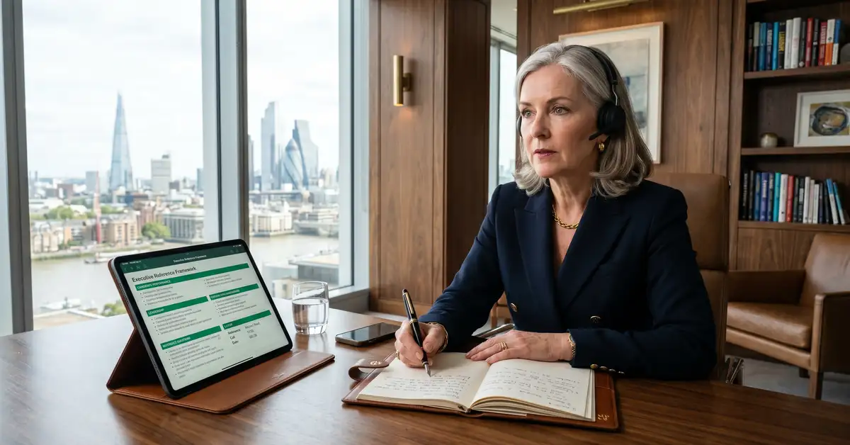 Senior executive search Practice Director conducting structured reference call in sophisticated private office with leather notebook and tablet showing reference question framework