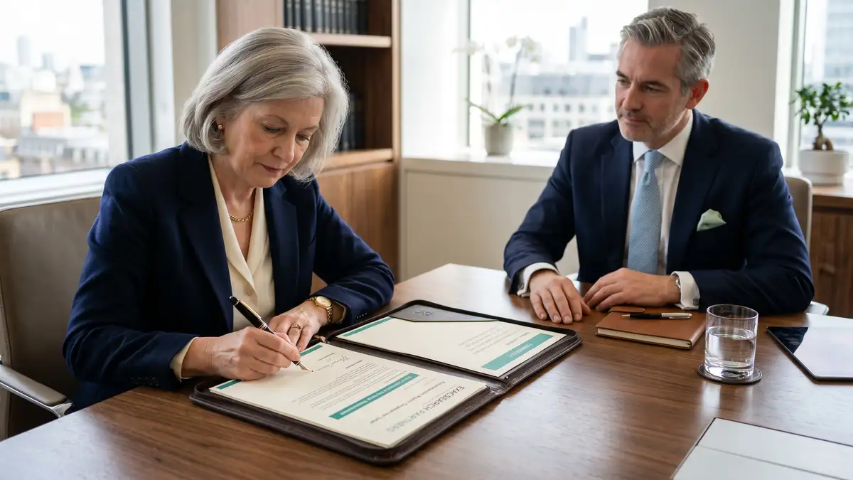 Board chair signing a retained executive search engagement letter with a fee schedule showing three tranche payments at a walnut conference table