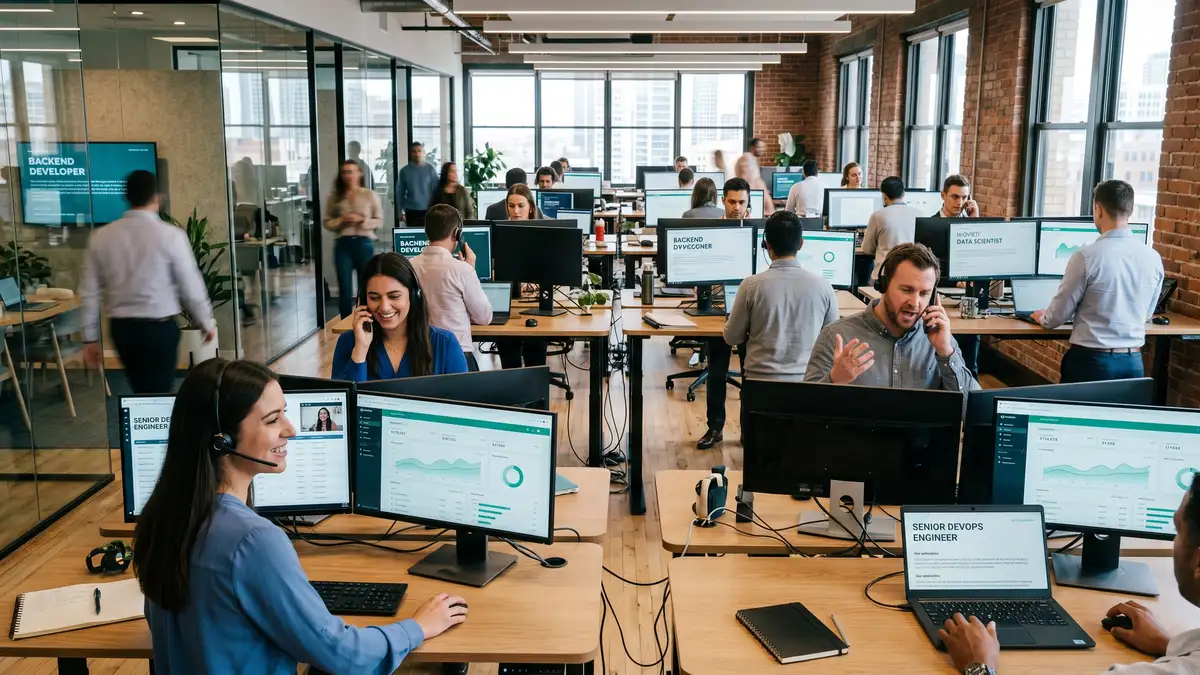 Busy contingency recruitment office with multiple recruiters at standing desks working different roles simultaneously on phone calls and video calls