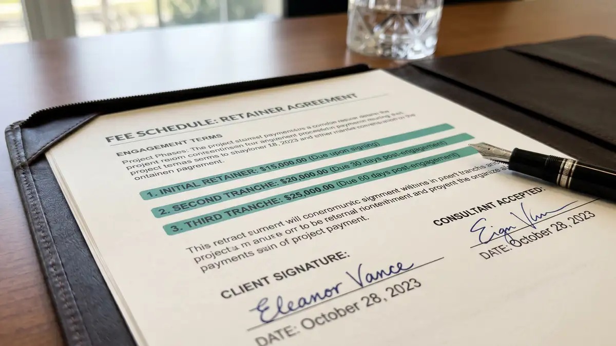 Fee schedule contract page showing three retainer tranche payments highlighted with executive office leather folio and fountain pen