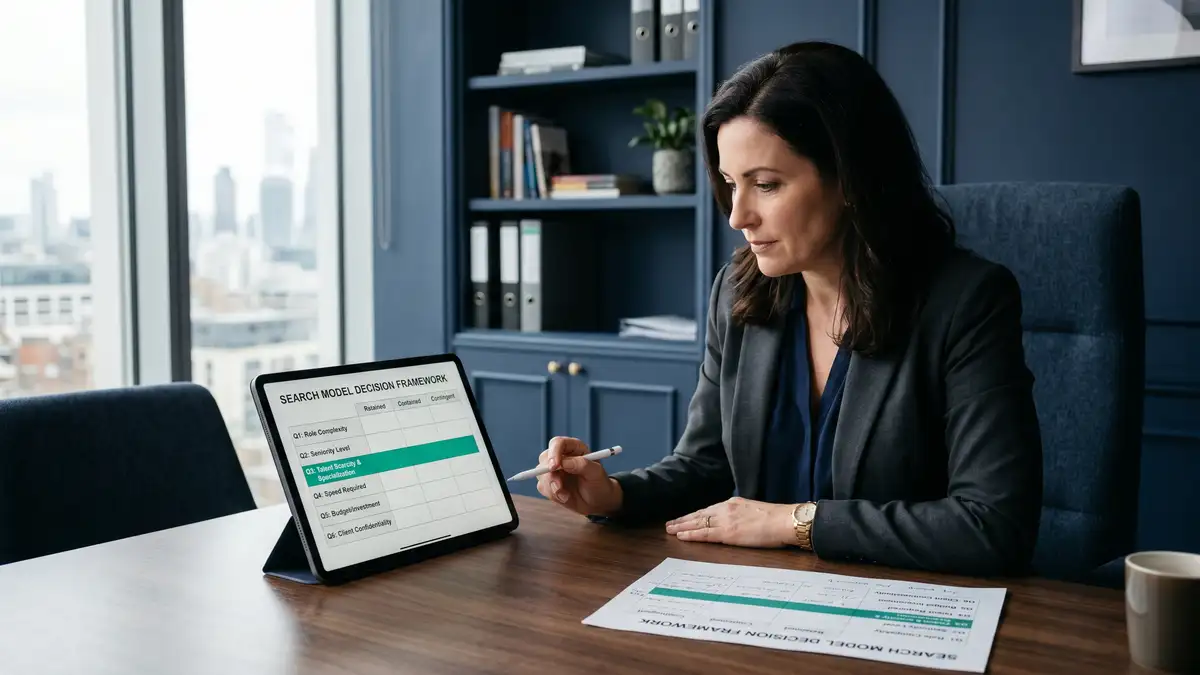 Hiring manager reviewing a six-question decision framework printout on a tablet at an executive desk deciding which search model to engage