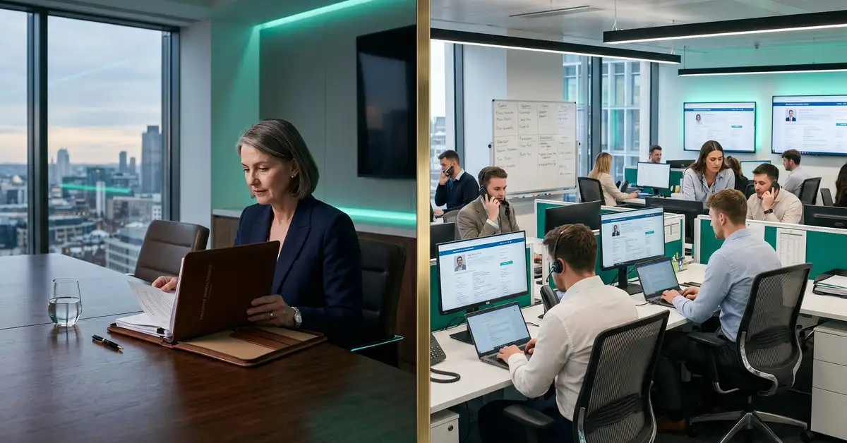 Split-composition photograph contrasting retained executive search (left, partner with confidential dossier) with contingency recruiting (right, busy multi-recruiter office) representing two distinct executive hiring philosophies