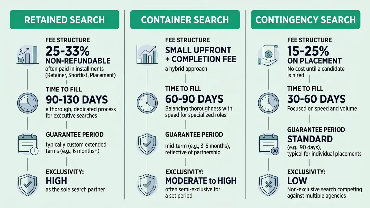 Comparison infographic showing Retained Container and Contingency search models side by side with fee structures time to fill guarantee periods and exclusivity