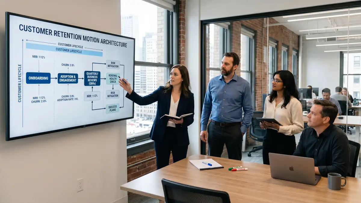 B2B SaaS RevOps team in strategy meeting reviewing retention motion architecture