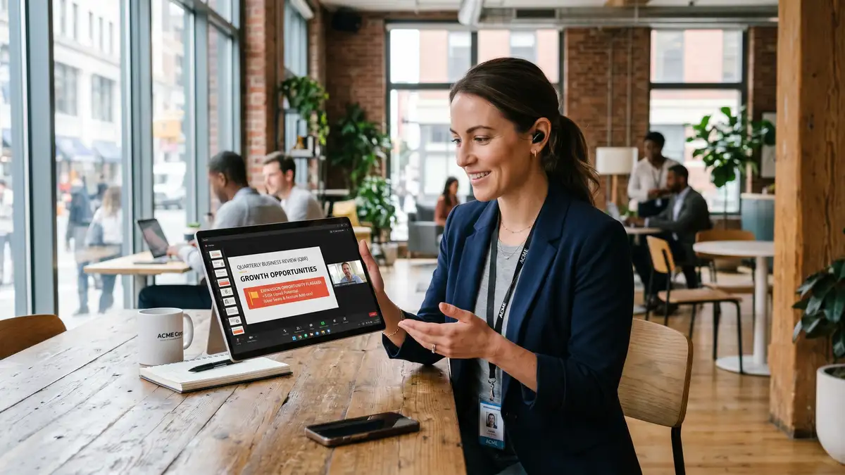 Customer success manager conducting QBR video call with B2B customer