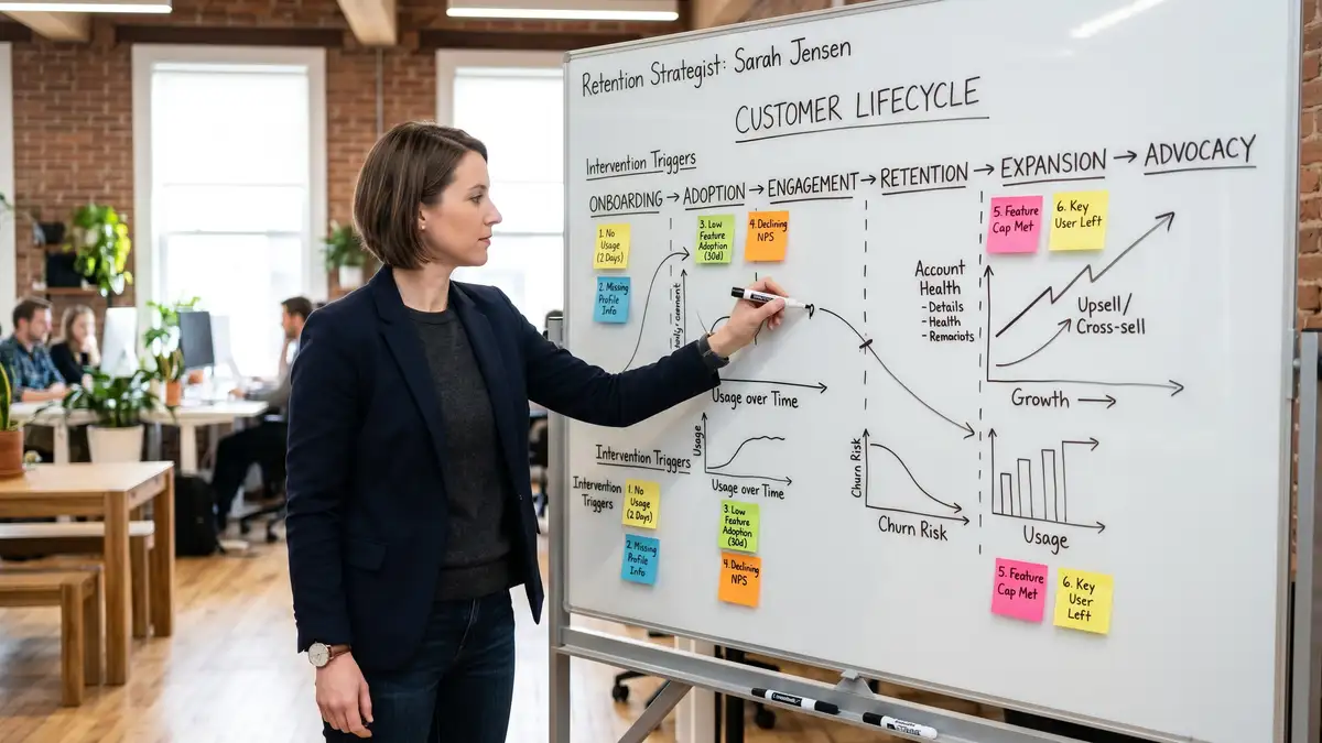 Retention strategist sketching customer lifecycle on whiteboard