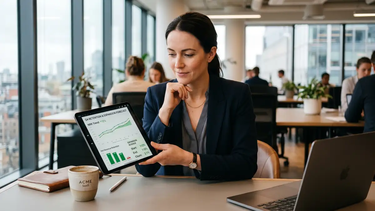 B2B SaaS founder reviewing quarterly retention forecast on tablet