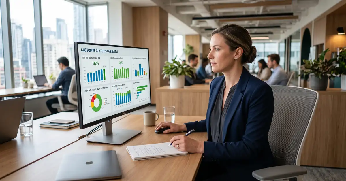 B2B SaaS customer success leader analysing NRR GRR retention dashboards