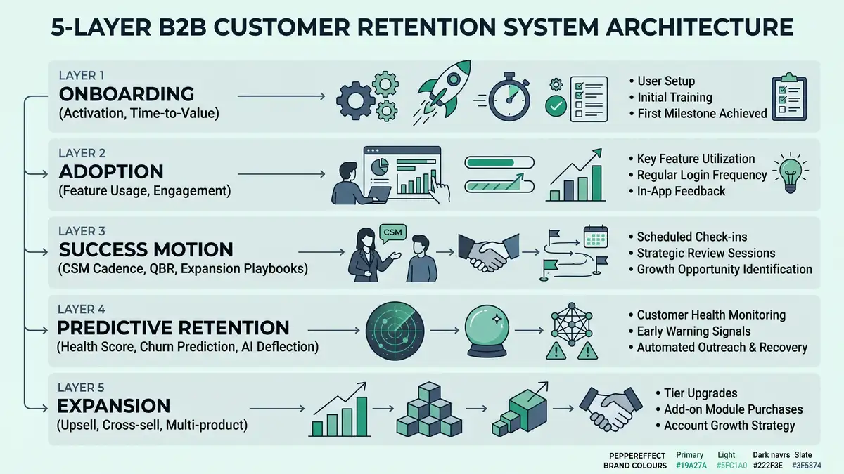 Five-layer B2B customer retention system architecture infographic