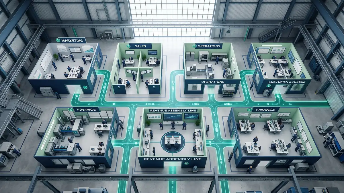 Aerial view of an integrated revenue engine connecting marketing, sales, customer success, and finance functions through unified data pathways