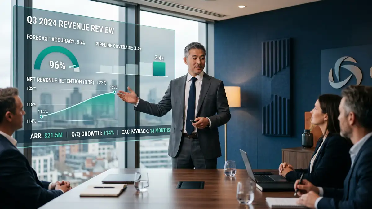 Chief Revenue Officer reviewing forecast accuracy, pipeline coverage, and net retention dashboards during a quarterly revenue review meeting