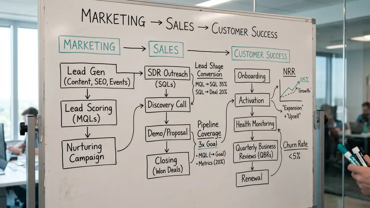 Engineer's whiteboard showing a process map connecting Marketing, Sales, and Customer Success workflows with lead stage conversion and pipeline coverage annotations