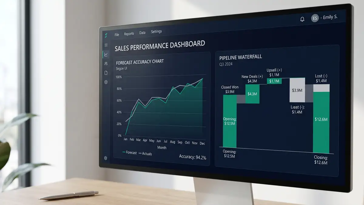 Forecast accuracy dashboard showing pipeline waterfall and predictive variance for a mature RevOps operating system