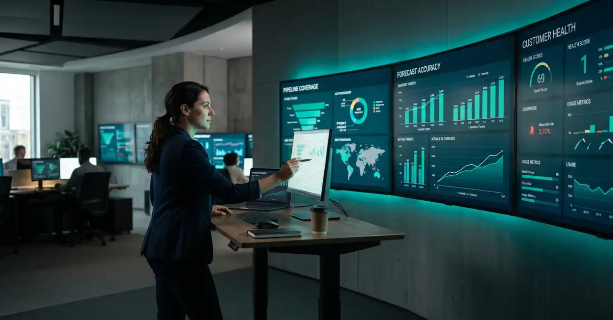 Modern revenue operations command center with three dashboards showing pipeline coverage, forecast accuracy, and customer health metrics in a B2B SaaS RevOps function