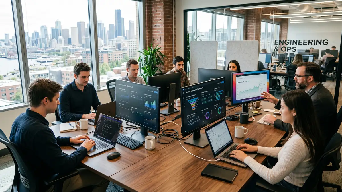 Small elite SaaS engineering team of eight people working productively around a single conference table with agentic automation dashboards driving revenue per employee