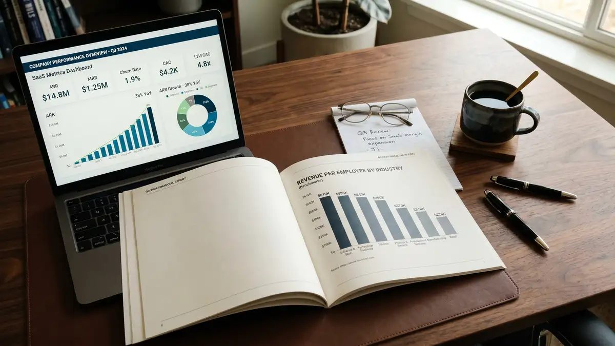 Executive desk overhead view showing quarterly financial report with revenue per employee benchmarks dashboard and SaaS productivity metrics