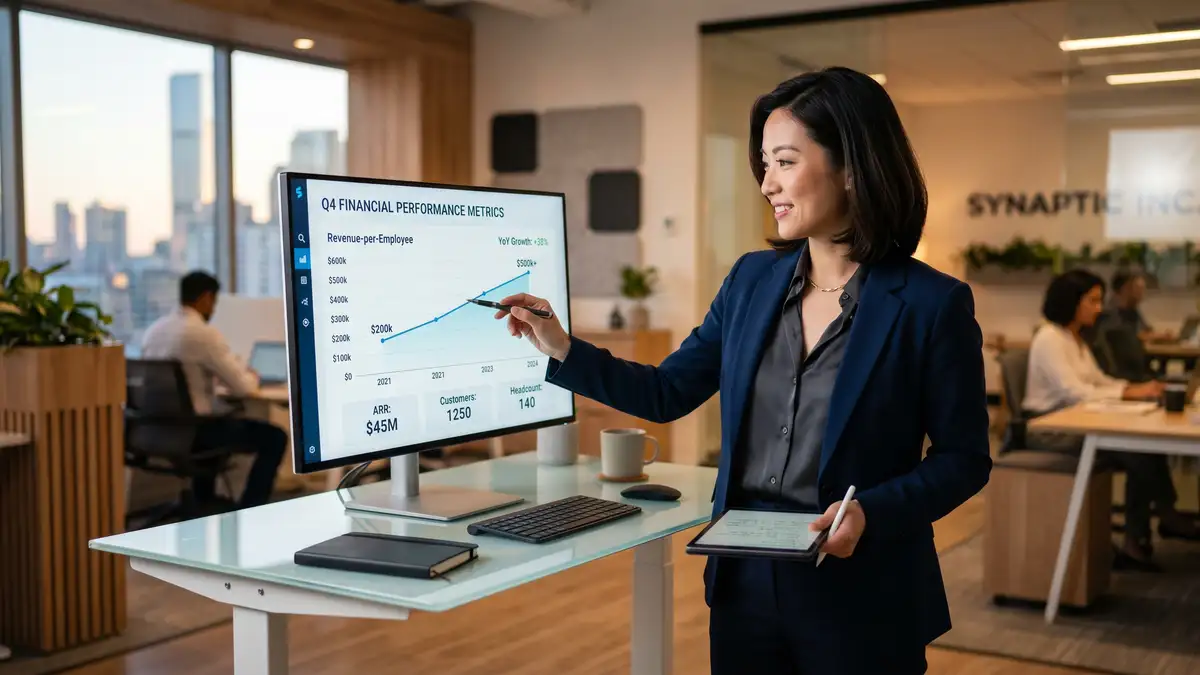 Mid-market B2B SaaS CEO reviewing revenue per employee trend lines on monitor at standing desk making strategic decisions