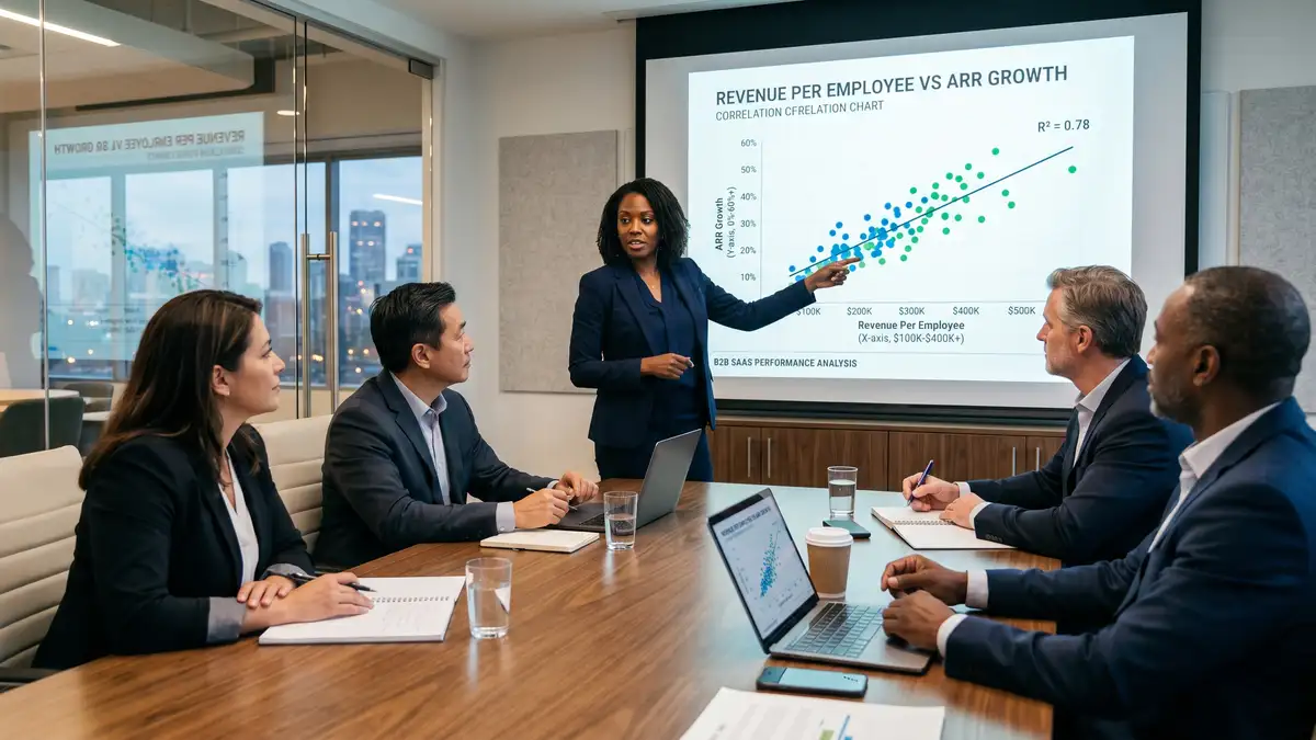 Diverse B2B SaaS board meeting reviewing revenue per employee versus ARR growth correlation chart on projection screen