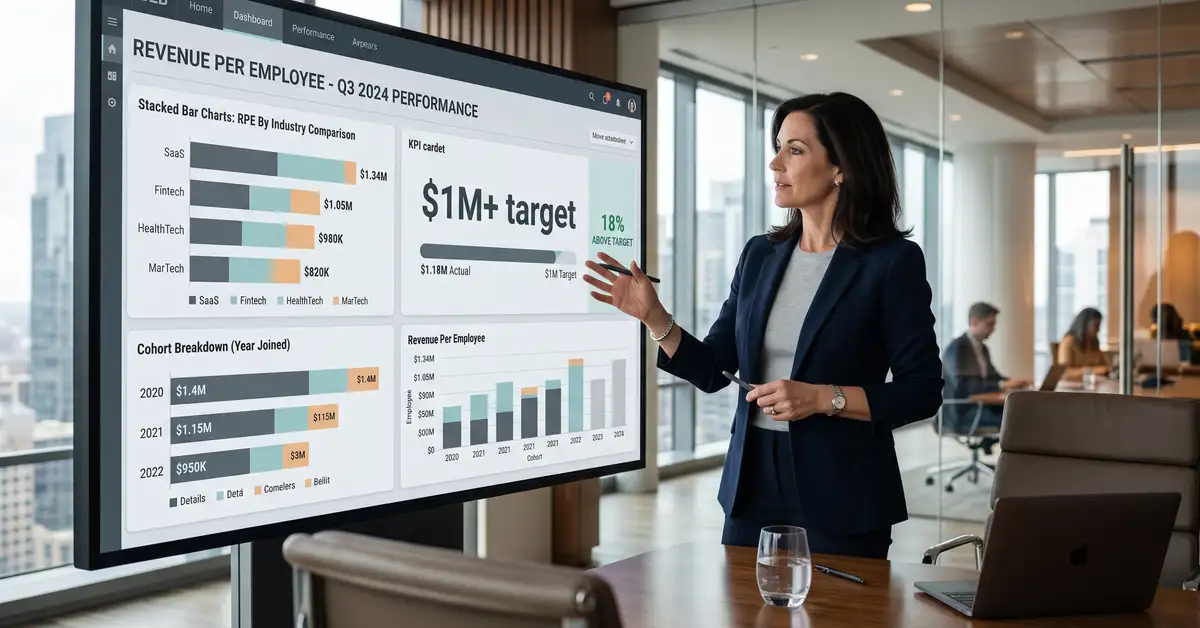 SaaS CEO reviewing revenue per employee benchmarks dashboard showing industry productivity leaders and agentic automation opportunity