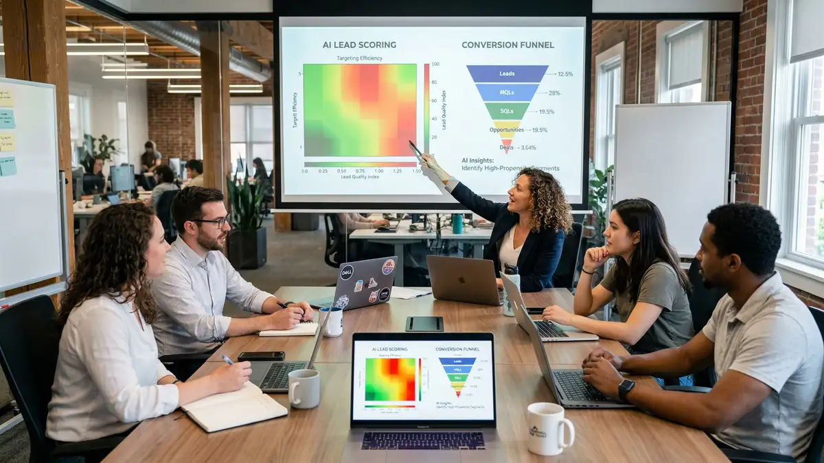 AI-powered lead scoring dashboard showing customer acquisition cost reduction metrics and predictive lead quality scoring for SaaS teams