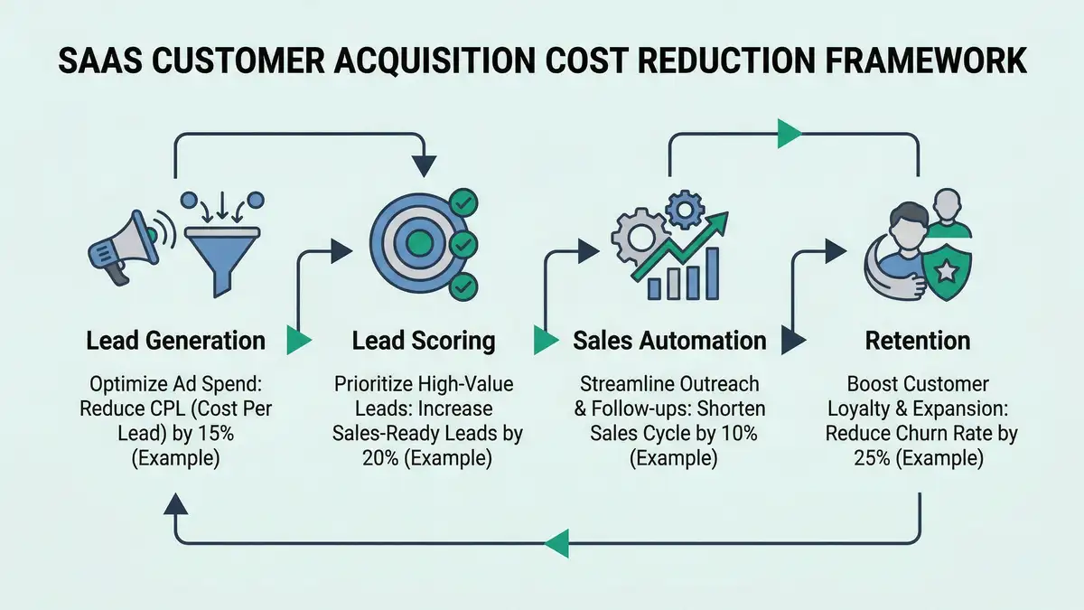 SaaS customer acquisition cost reduction framework showing channels strategies and ROI comparison across paid inbound content marketing and sales automation systems