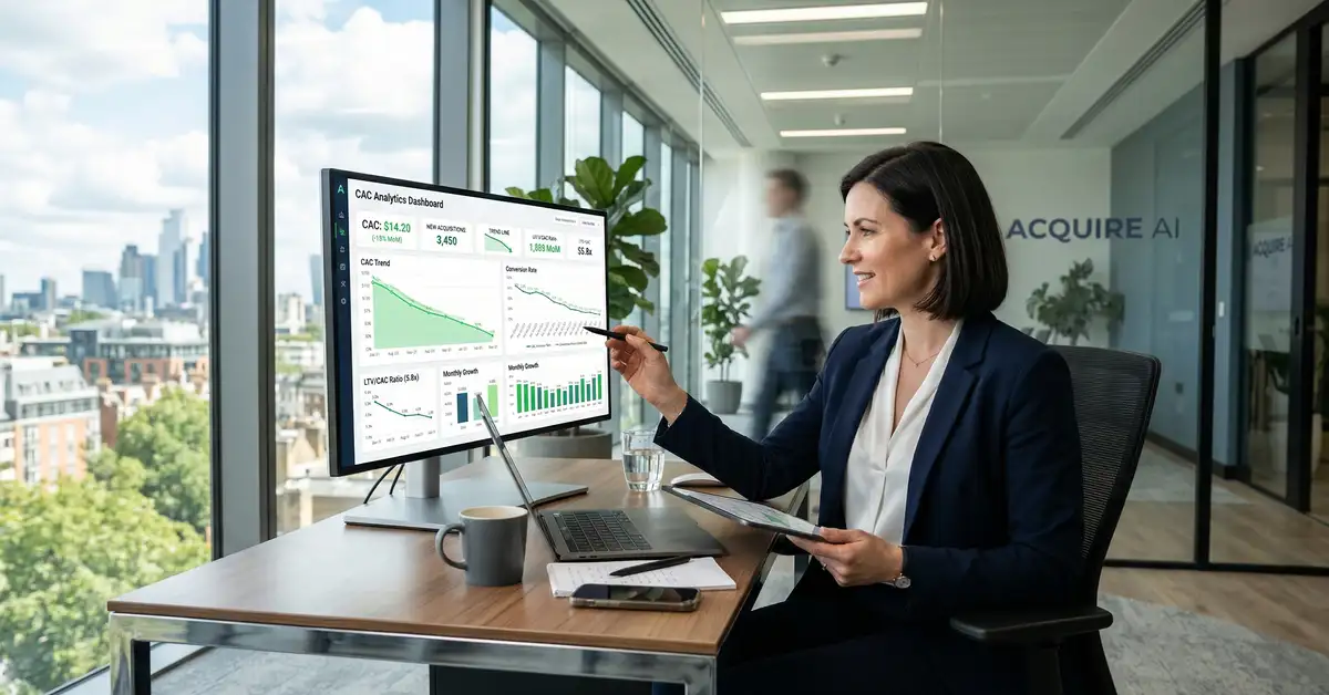 SaaS CEO reviewing AI-powered customer acquisition cost dashboard showing 50 percent CAC reduction metrics