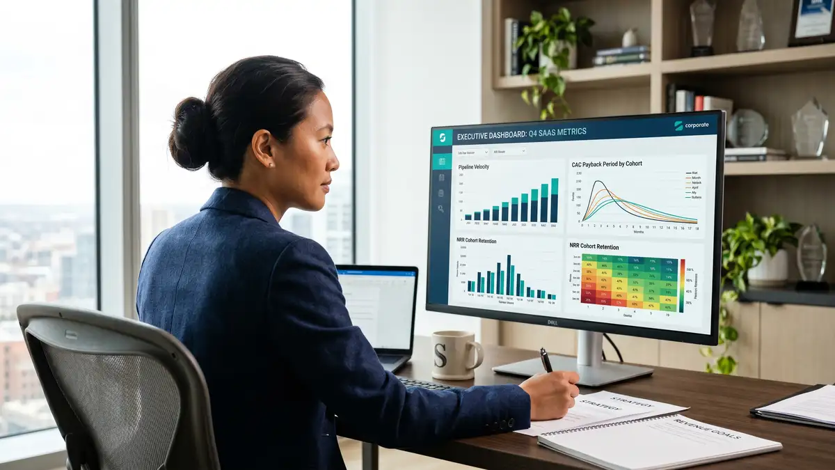 SaaS CEO reviewing 2026 growth benchmarks dashboard with Rule of 40, NRR, and CAC payback metrics