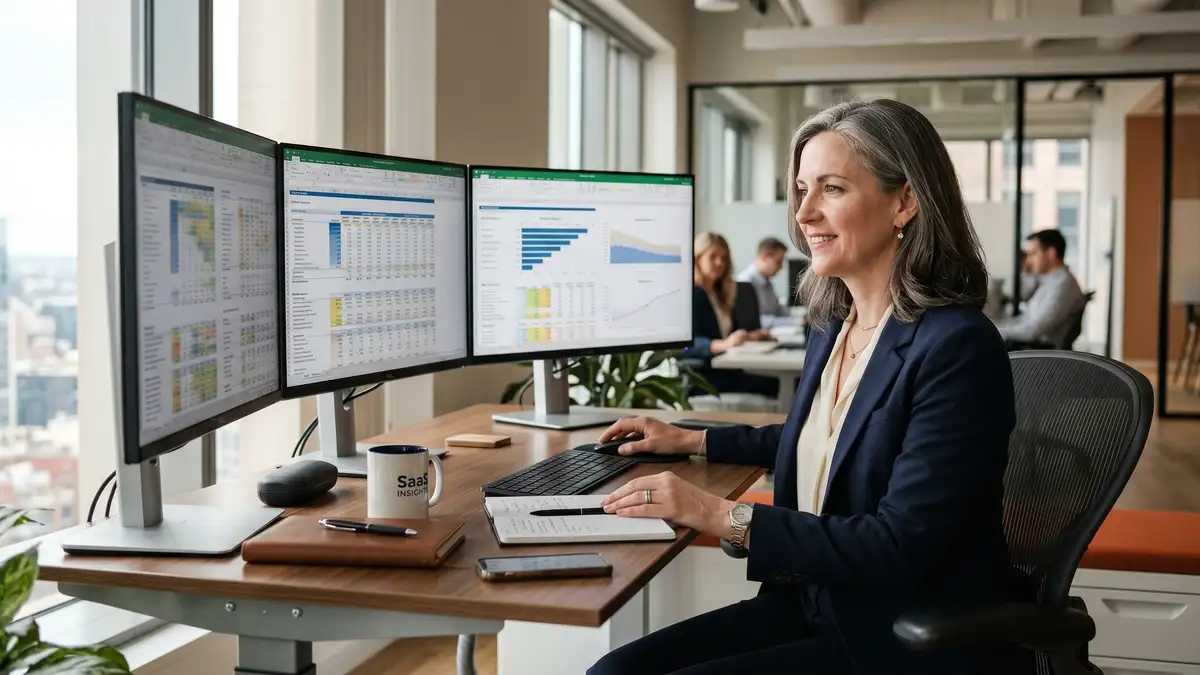 SaaS CFO at a modern desk with multiple monitors displaying a complex financial model spreadsheet with cohort retention tables and formula linkages