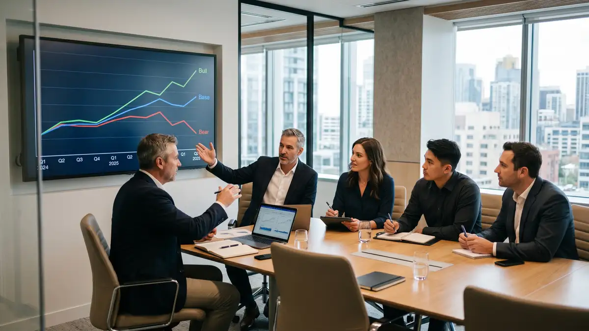 Finance team at a strategy session reviewing scenario planning charts on a large monitor with three scenario lines diverging across multiple quarters