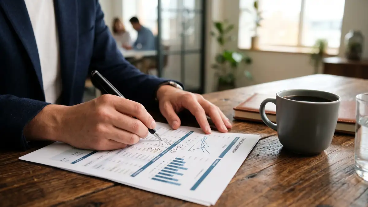 Executive's hands annotating a printed SaaS financial model summary with a pen on a wooden desk during board-deck preparation