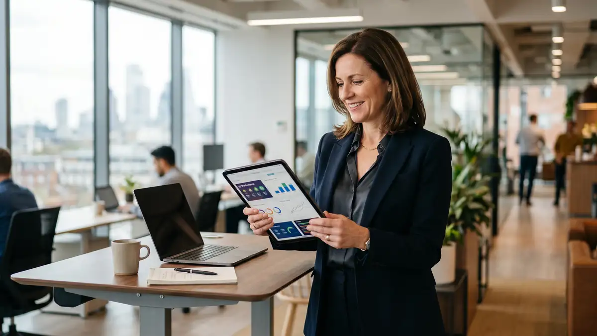 Confident B2B SaaS CEO at a standing desk reviewing the board deck financial model on a tablet during pre-meeting prep