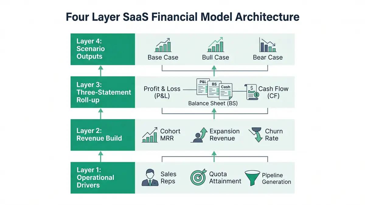 Diagram of the four-layer SaaS financial model architecture: operational drivers feeding revenue build feeding three-statement roll-up feeding scenario outputs