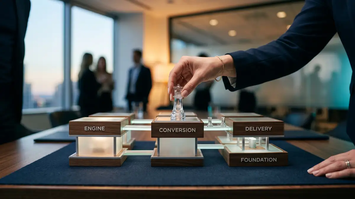 SaaS go-to-market operating architecture with integrated lead generation, sales conversion, and customer success workflows