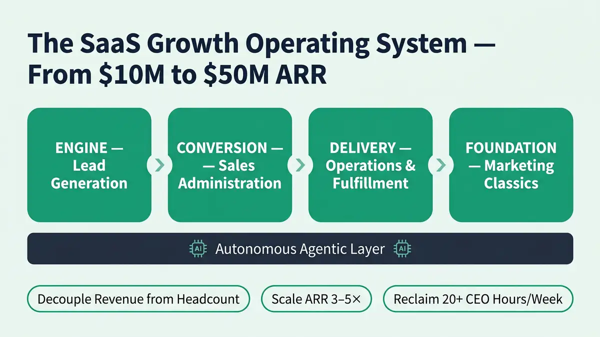 SaaS growth operating system infographic showing four integrated pillars: Engine (lead generation), Conversion (sales), Delivery (fulfilment), Foundation (marketing classics)