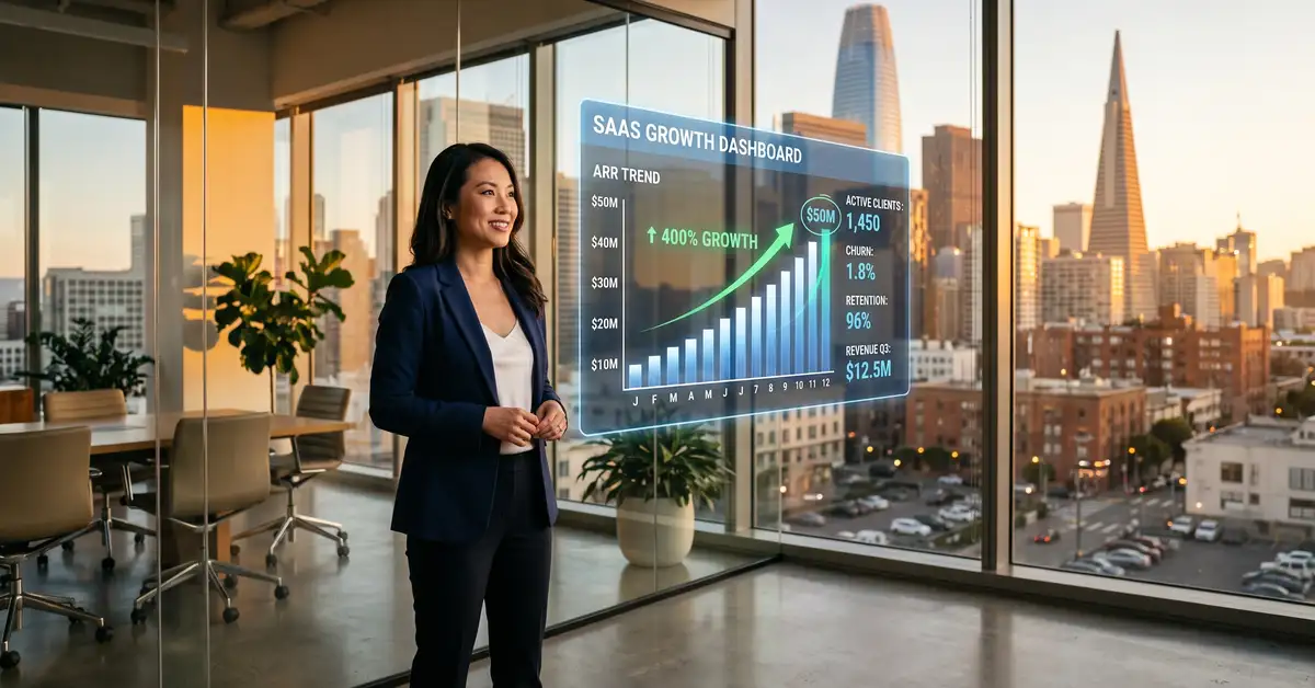 SaaS CEO at $10M-$50M ARR reviewing integrated four-pillar growth operating system dashboard with benchmarks and agentic workflow metrics