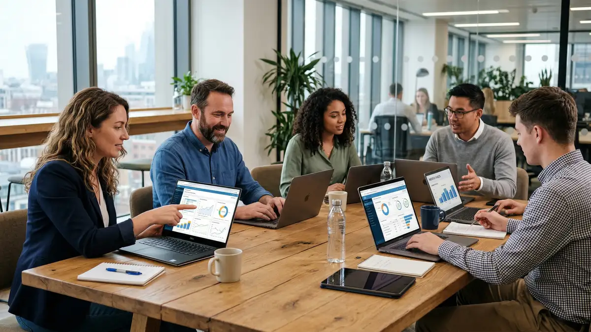 B2B SaaS sales team collaborating around conference table with CRM dashboards showing lead generation pipeline metrics