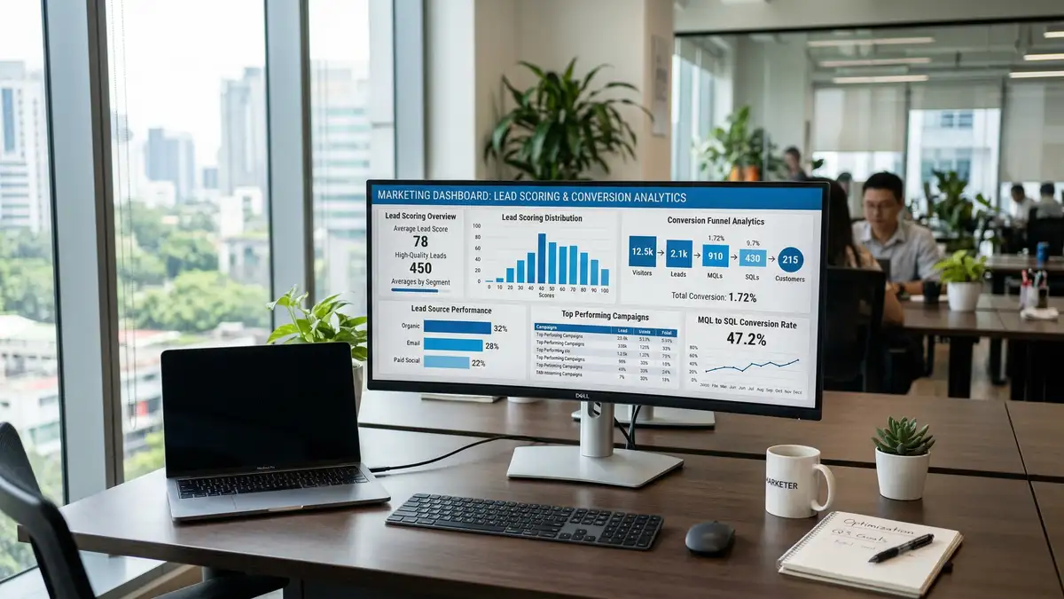 Marketing automation platform showing SaaS lead scoring and conversion funnel analytics for automated lead generation