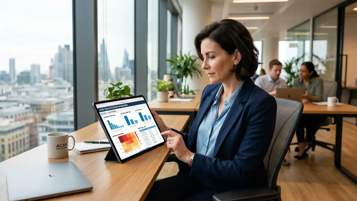 Business professional reviewing AI-powered SaaS lead qualification dashboard on tablet showing prospect scoring