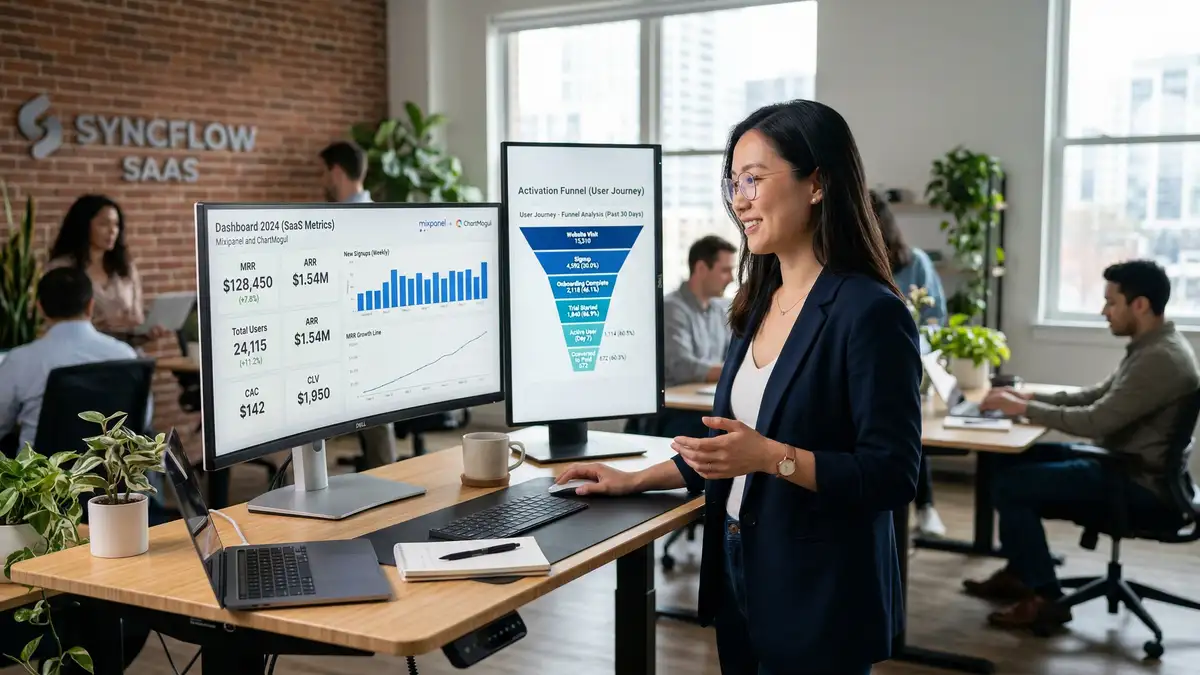 SaaS founder at standing desk reviewing product-led growth metrics and user activation funnels for lead generation
