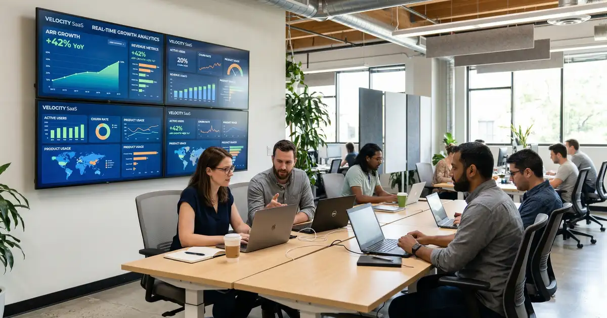 SaaS company office with digital dashboards showing lead generation metrics and growth analytics for scalable pipeline without SDR headcount