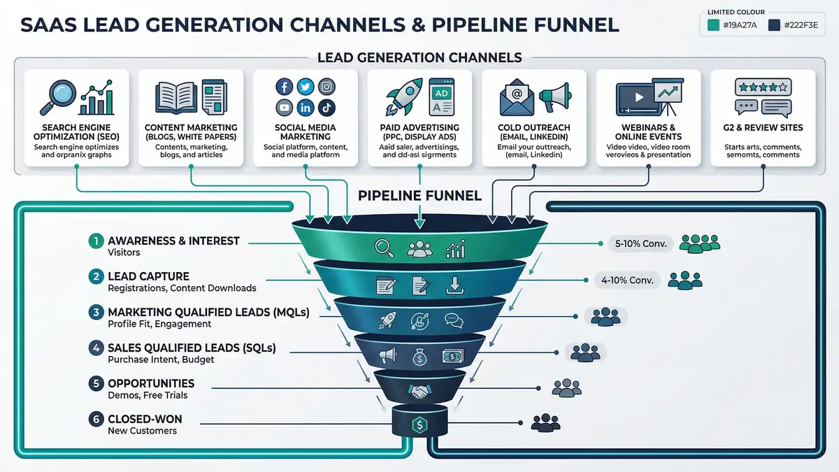 Infographic showing SaaS lead generation scaling framework with four channels connected to central pipeline funnel